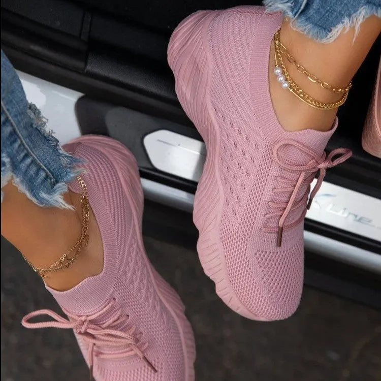 Women's thick sole sports sneakers in black, white, red, blue, grey, khaki, pink or light blue colours