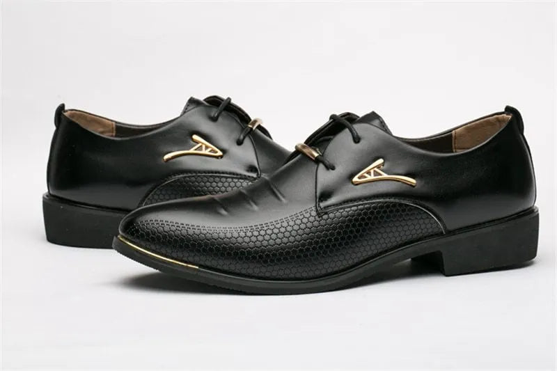 Men's black patent leather pointed toe dress shoes with elastic band closure and PU upper