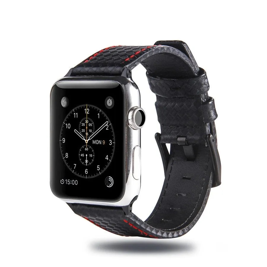 Apple Watch case with leather strap and carbon fibre elements in four colour options