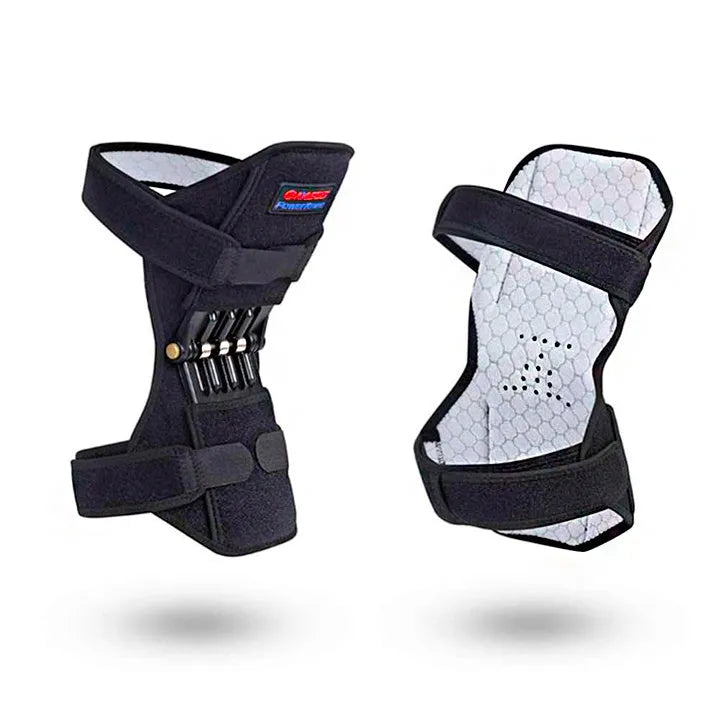 Black knee booster pair with carbon steel spring, adjustable Velcro straps, mesh ventilation and non-slip fabric, 29.5 x 28 x 27 cm