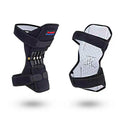 Black knee booster pair with carbon steel spring, adjustable Velcro straps, mesh ventilation and non-slip fabric, 29.5 x 28 x 27 cm