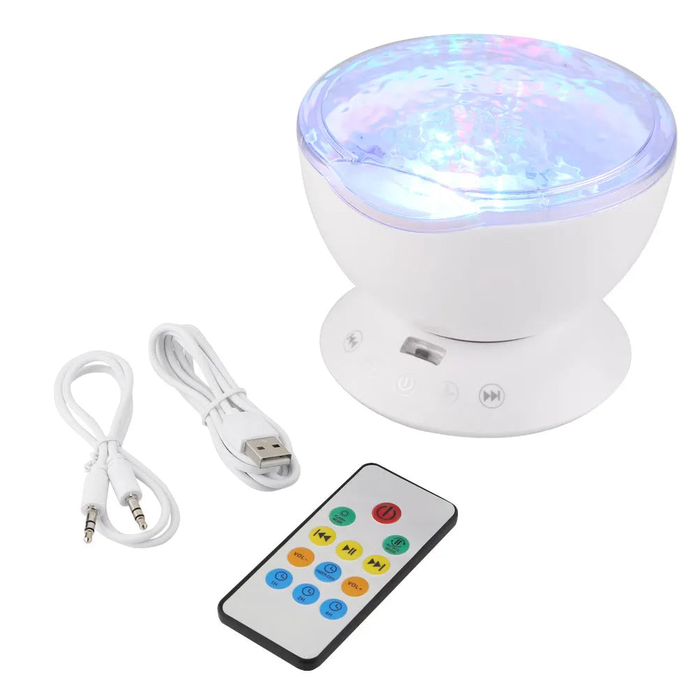 Ocean wave projector showing multicolour LED light display on a dark ceiling