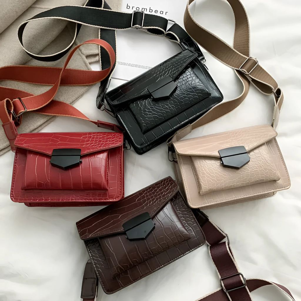 Vintage PU leather crossbody bag in black, shown with dimensions 20cm wide by 14cm high