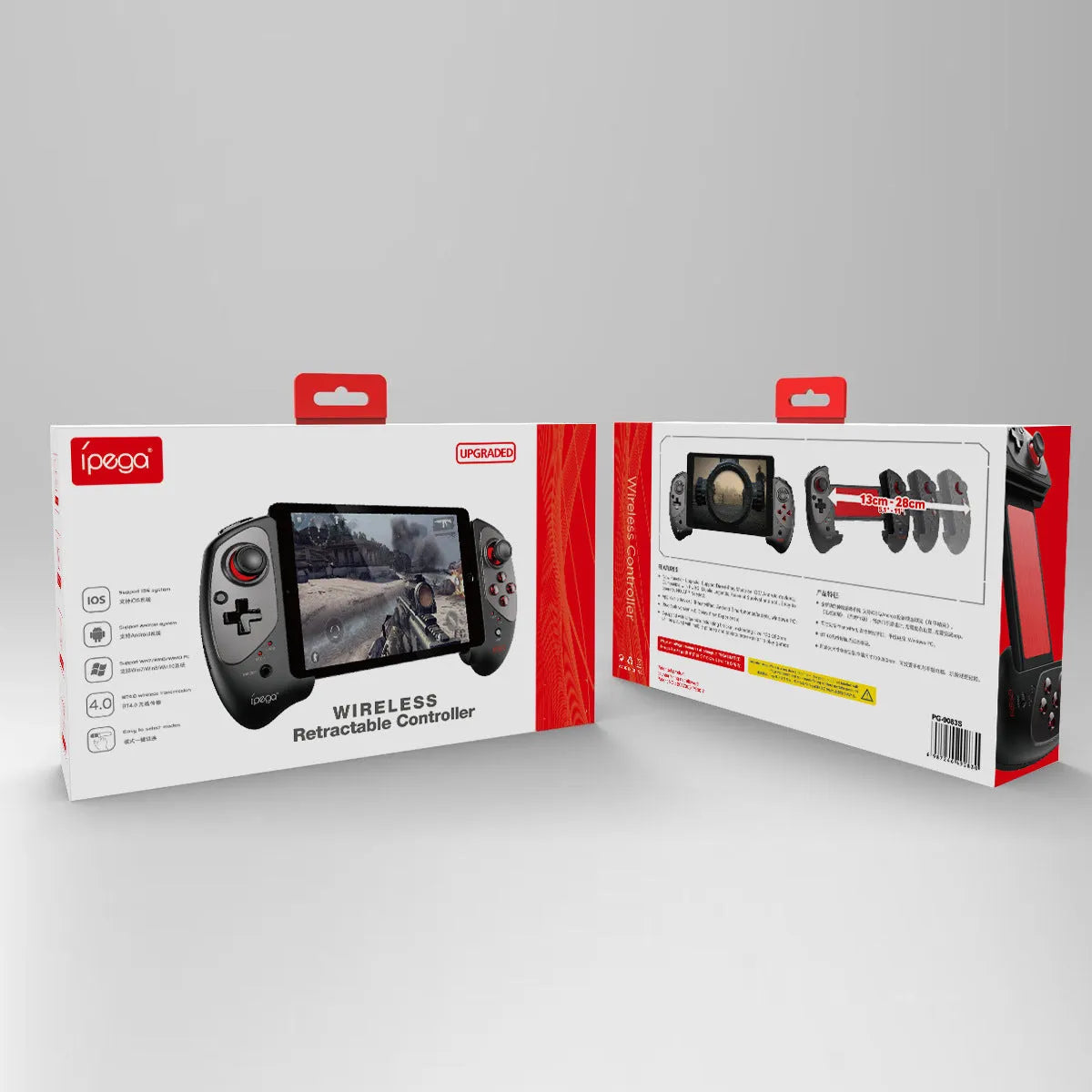 Red telescopic gamepad controller showing USB port and mobile device holder