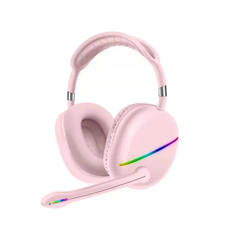 Wireless Bluetooth headset with RGB lighting effects in blue, pink, or red colours showing over-ear design