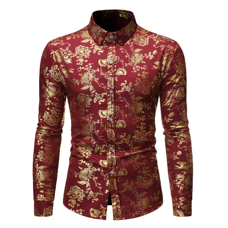 Man wearing a casual long sleeve printed shirt with a metallic bronzed lapel detail.