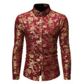 Man wearing a casual long sleeve printed shirt with a metallic bronzed lapel detail.