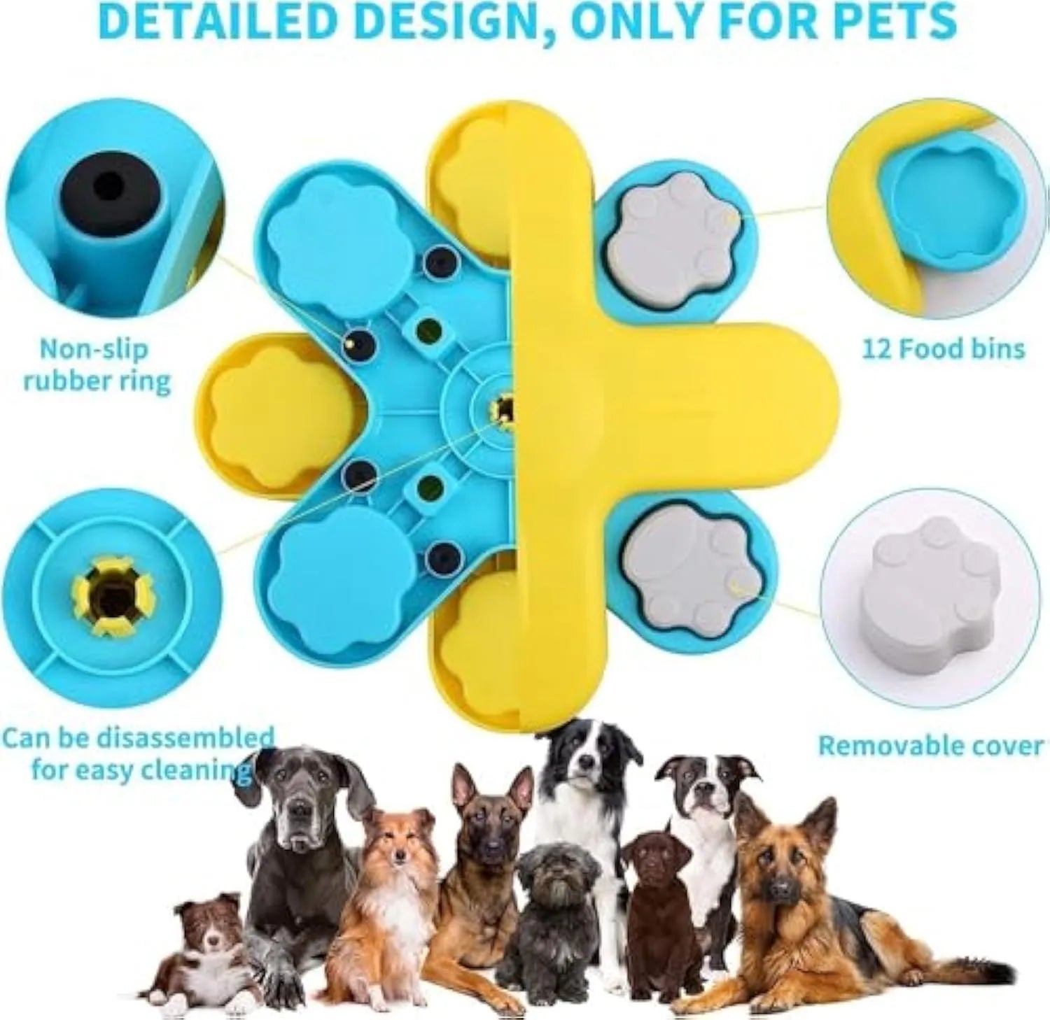 Yellow three-layer rotating dog puzzle feeder with claw-shaped obstacles and anti-slip base
