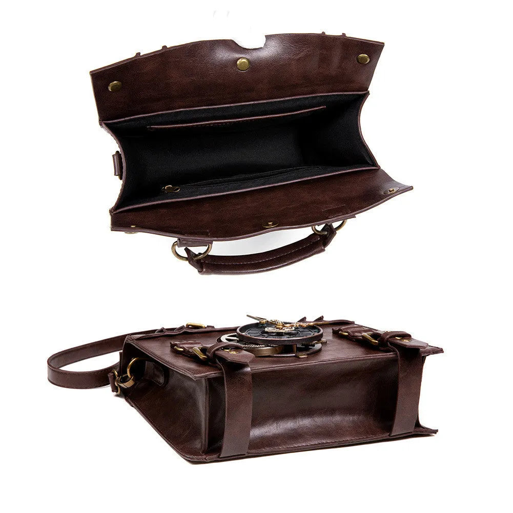Bronze steampunk industrial retro style shoulder bag with metal hardware on a horizontal square pillow shape
