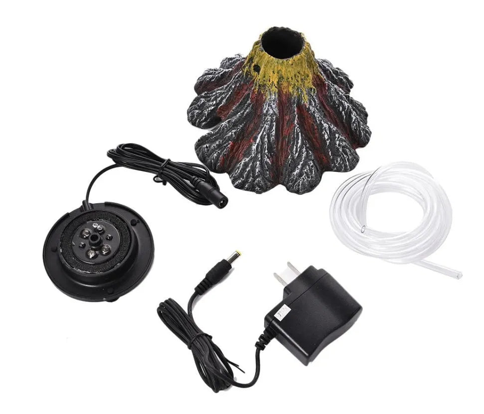Aquarium volcano ornament with air bubbles and LED light for fish tank decoration in S and L sizes