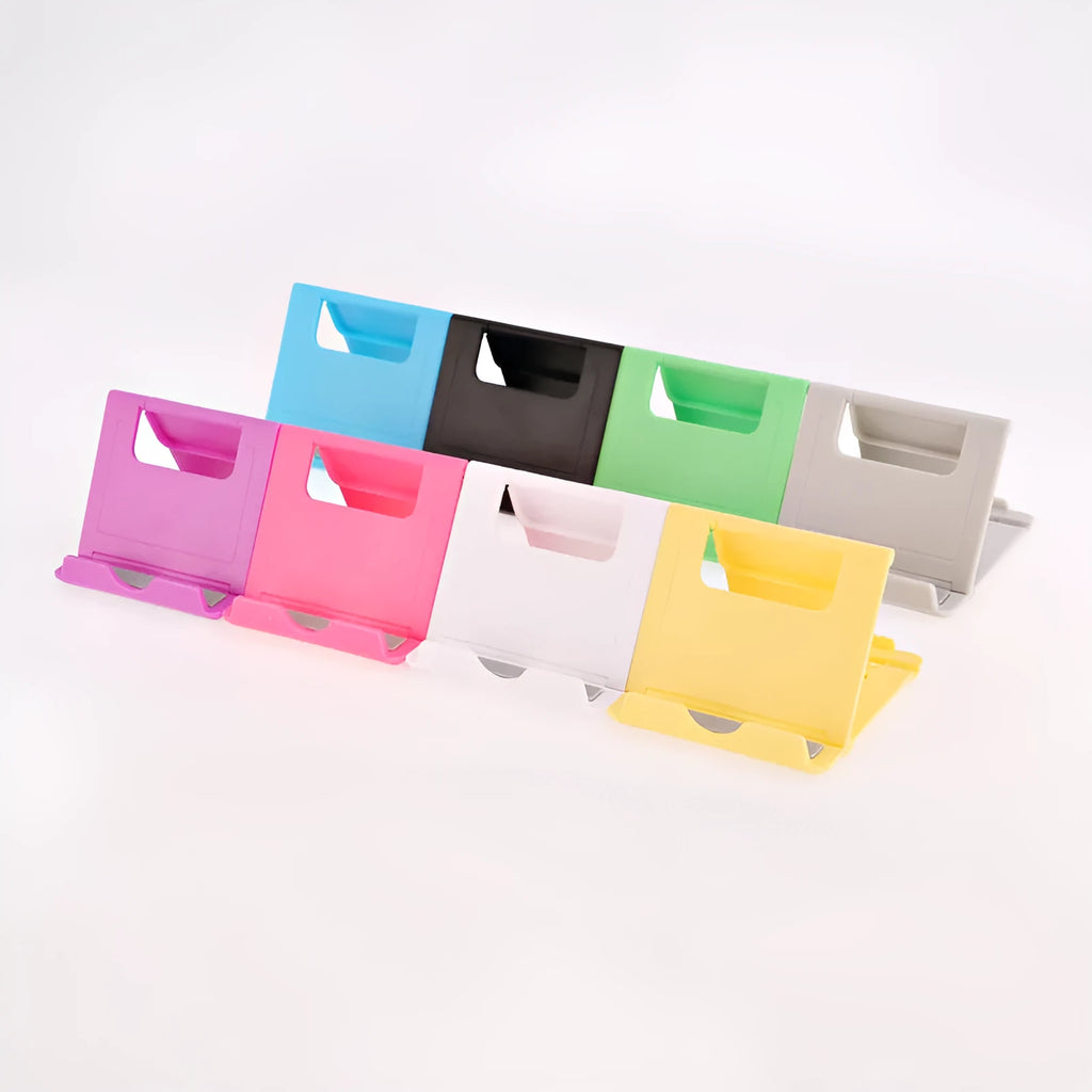 Folding mobile phone and tablet bracket in black, 83 x 71 x 7 mm, made from ABS and silicone