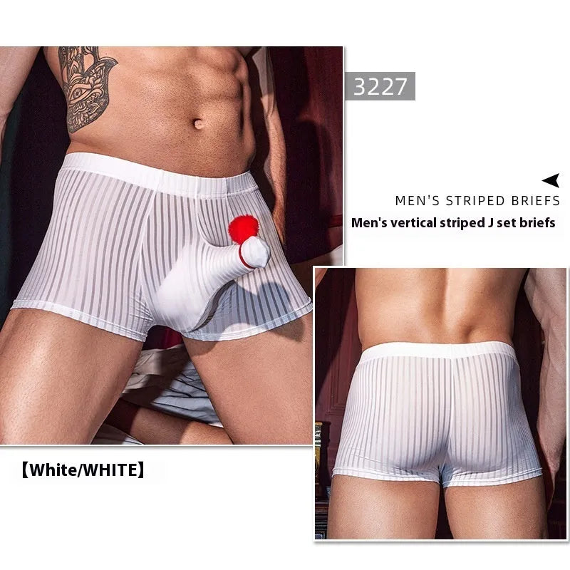 Men's black striped boxer briefs made from breathable nylon fabric.