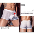 Men's black striped boxer briefs made from breathable nylon fabric.