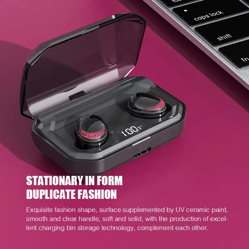 Black X10 true wireless Bluetooth earbuds inside their rectangular charging case.