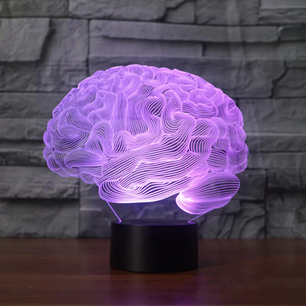 Brain-shaped 3D LED acrylic desk lamp with remote control showing colour-changing illumination