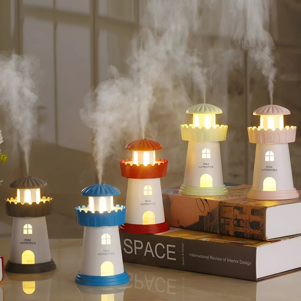 Mini lighthouse humidifier in green, USB ultrasonic design for desk use with night light