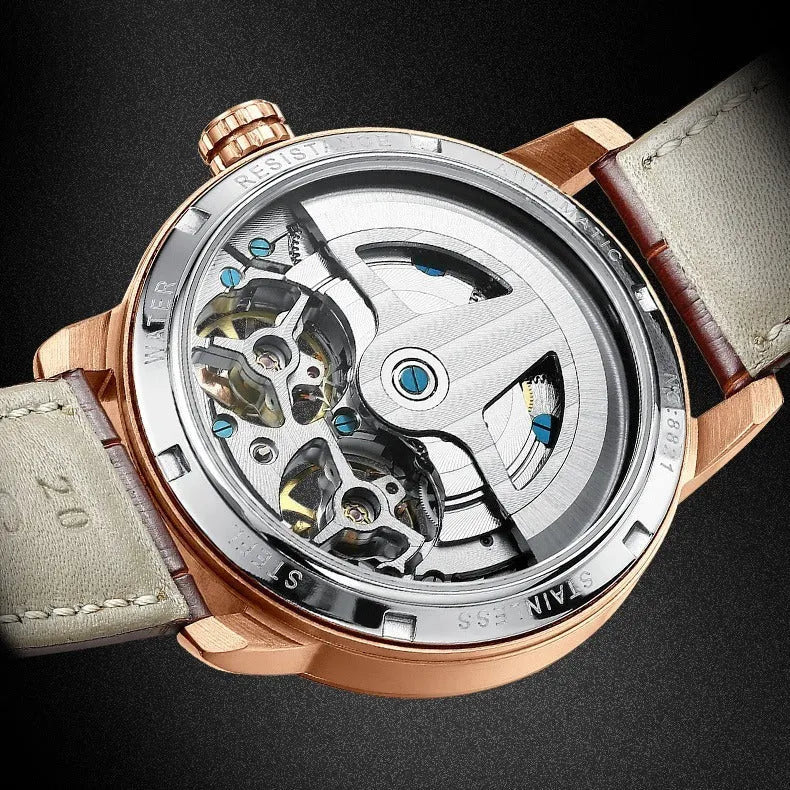 Men's automatic hollow mechanical watch with skeleton dial, 13mm case, blue or black face, brown or black belt