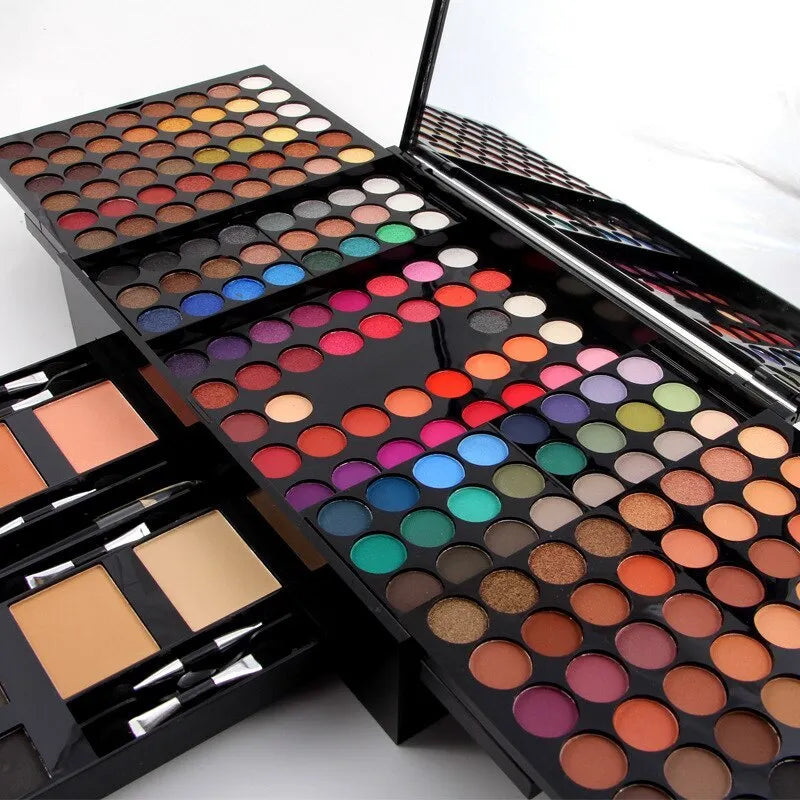 Piano-shaped makeup palette box containing 180 eyeshadow colours with powder, blush and contour cosmetics