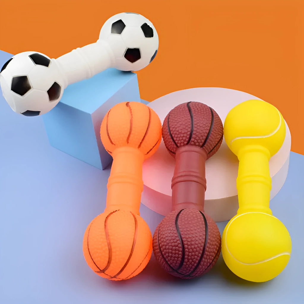 Brown football dumbbell shaped PVC dog squeaky toy on white background