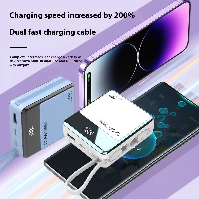 Super fast charge plastic power bank 10000mAh with built-in cable in black colour