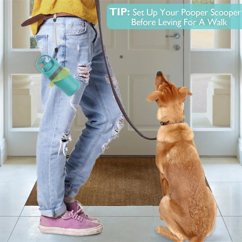 Blue portable dog pooper scooper with eight-claw mechanism and built-in bag dispenser