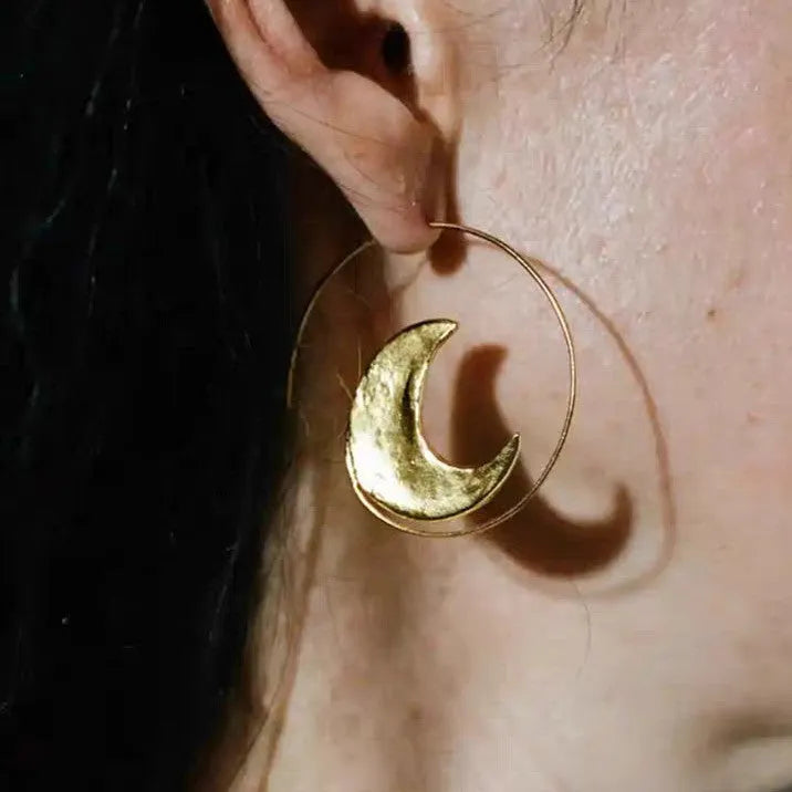 Gold sun moon circle pendant earrings, copper base with 18K real gold plating, 45mm geometric drop earrings