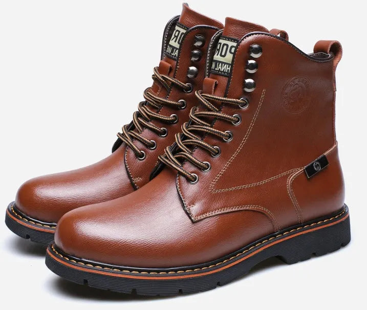 Men's black leather Martin boots with embossed cow split leather, mid-calf, front strap, thick heel, waterproof platform
