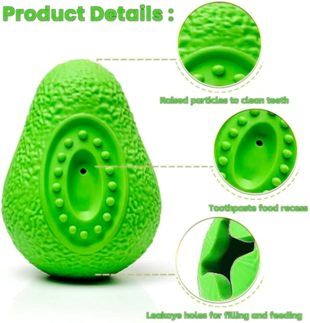Green avocado-shaped rubber chew toy for dogs on a white background.