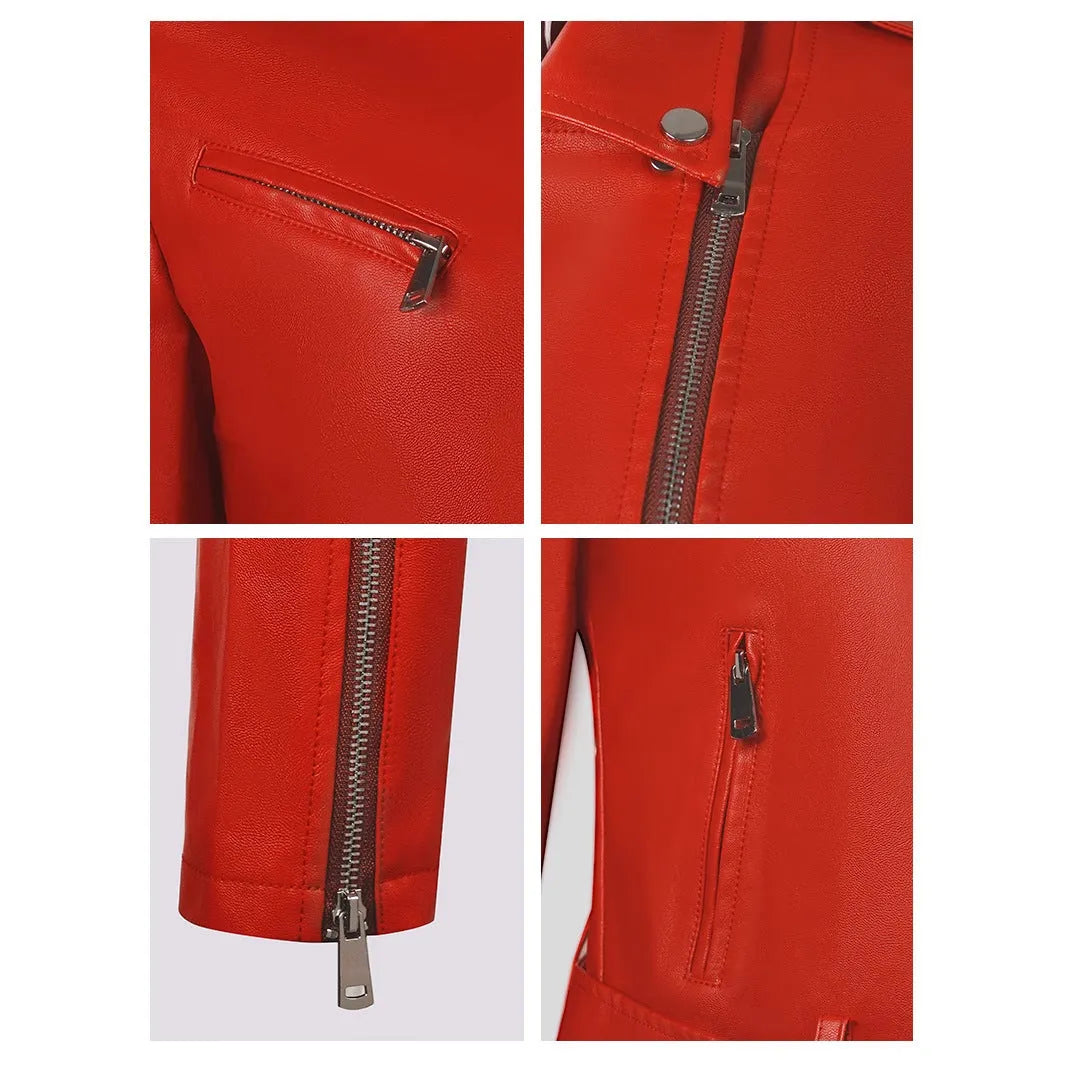 Women's short red PU leather jacket with lapel collar and waist belt on a hanger.