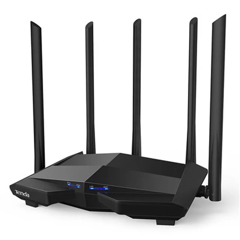 Black AC11 wireless router showing four Gigabit Ethernet ports on the back.