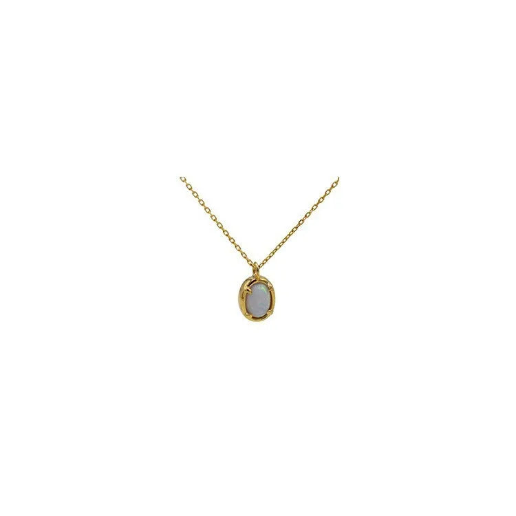S925 sterling silver necklace with a geometric pendant holding a round jelly opal, plated in gold.