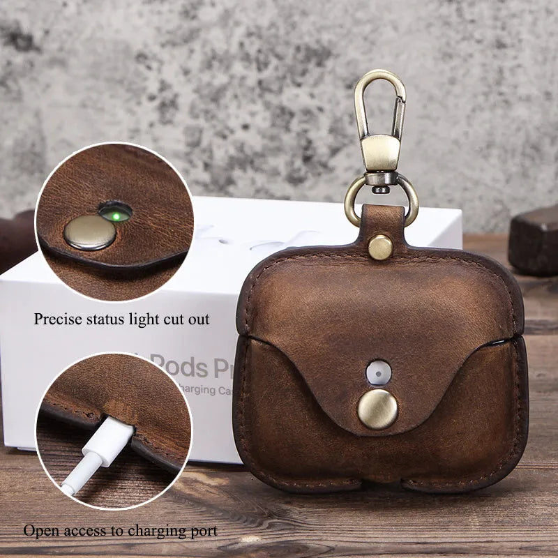 Brown leather clamshell case for AirPods Pro with crazy horse pattern texture and vintage styling