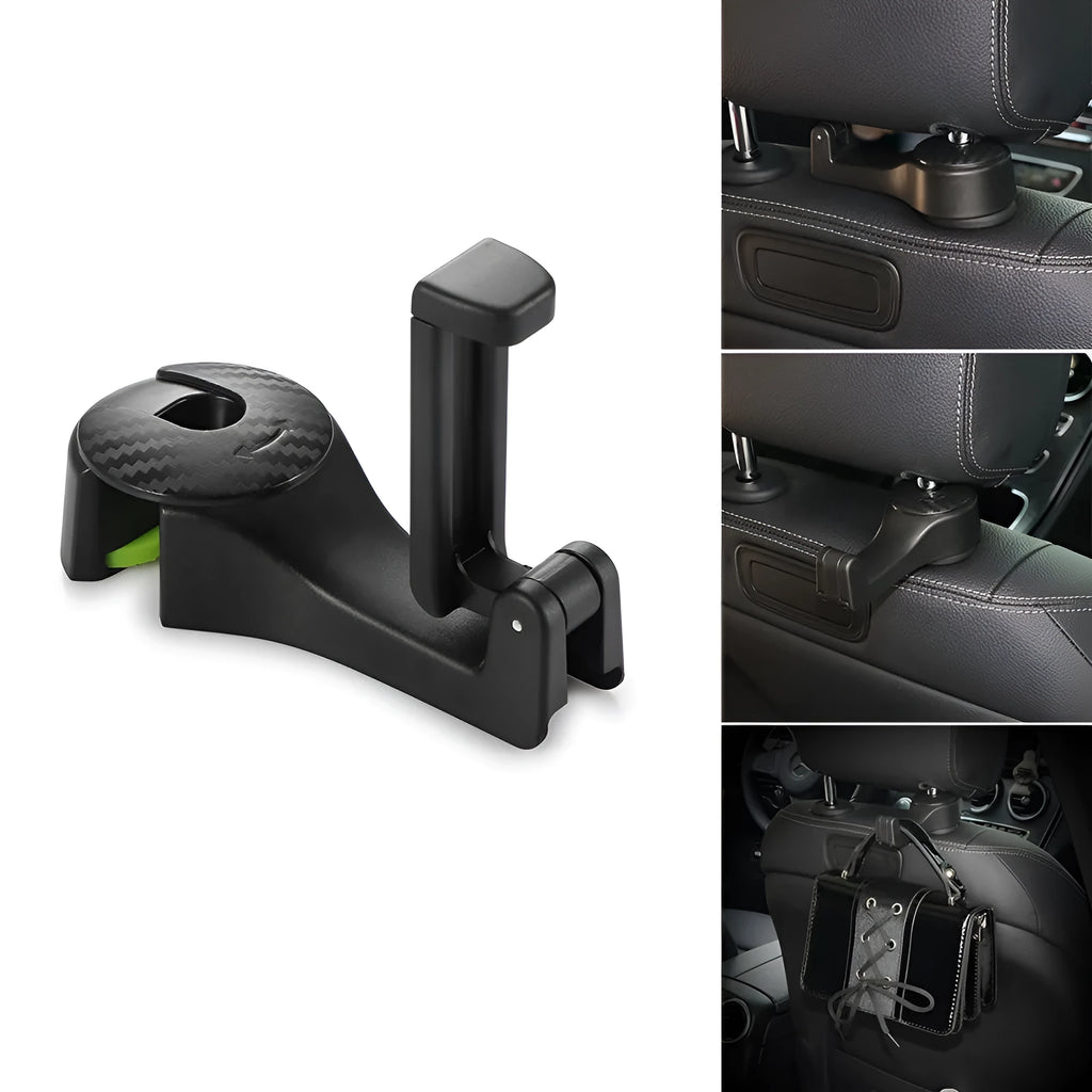 Black car headrest hook with phone holder, hanging a bag on a car seat