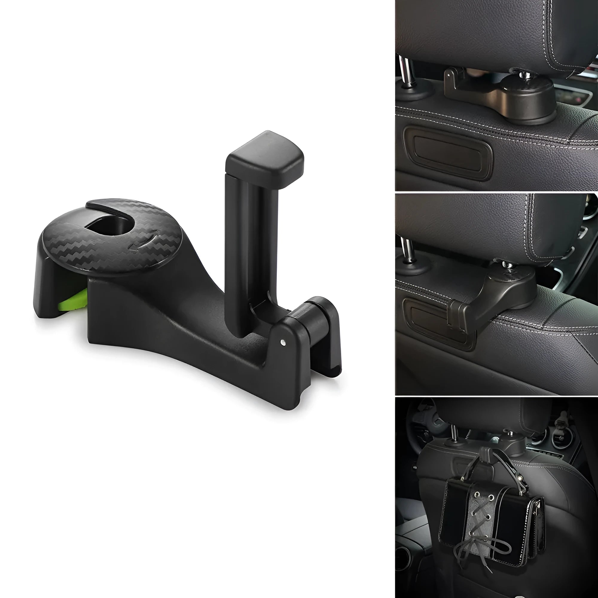 Black car headrest hook with phone holder, hanging a bag on a car seat