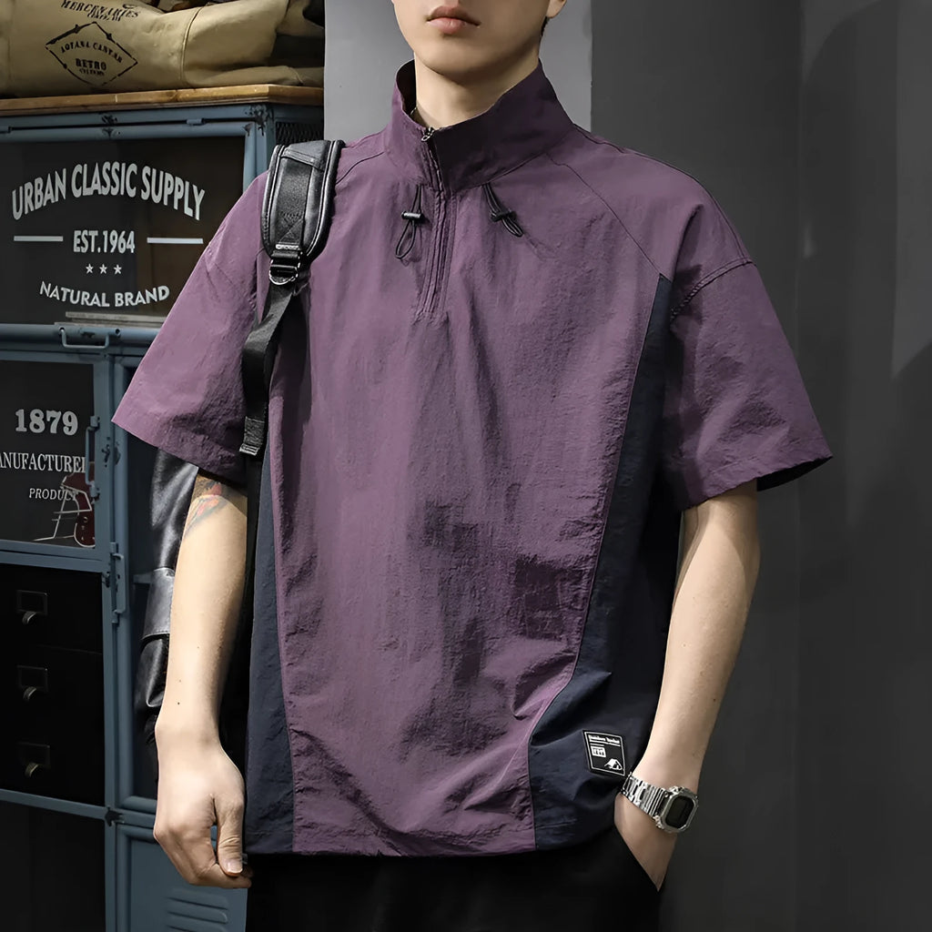 Brown men's half-zipped stand collar short-sleeved shirt on a hanger, showing fleece lining.