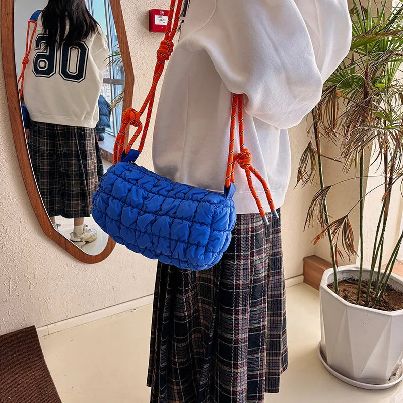 Women's lightweight nylon pillow-shaped messenger bag with diamond pattern and single strap