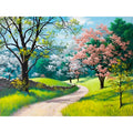 DIY paint by numbers kit showing 40x50cm linen canvas with landscape design and pots of acrylic paint