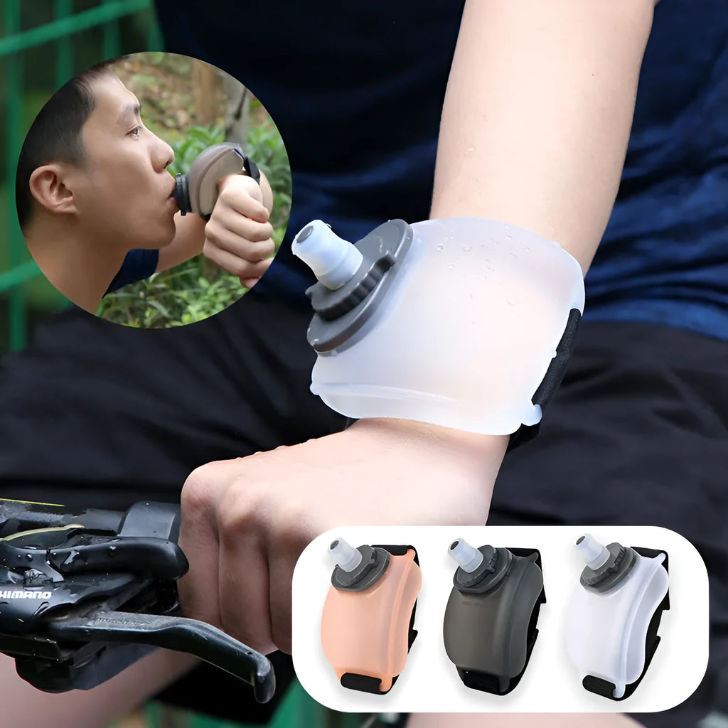Black portable wrist water bottle with Velcro strap, shown worn on wrist.