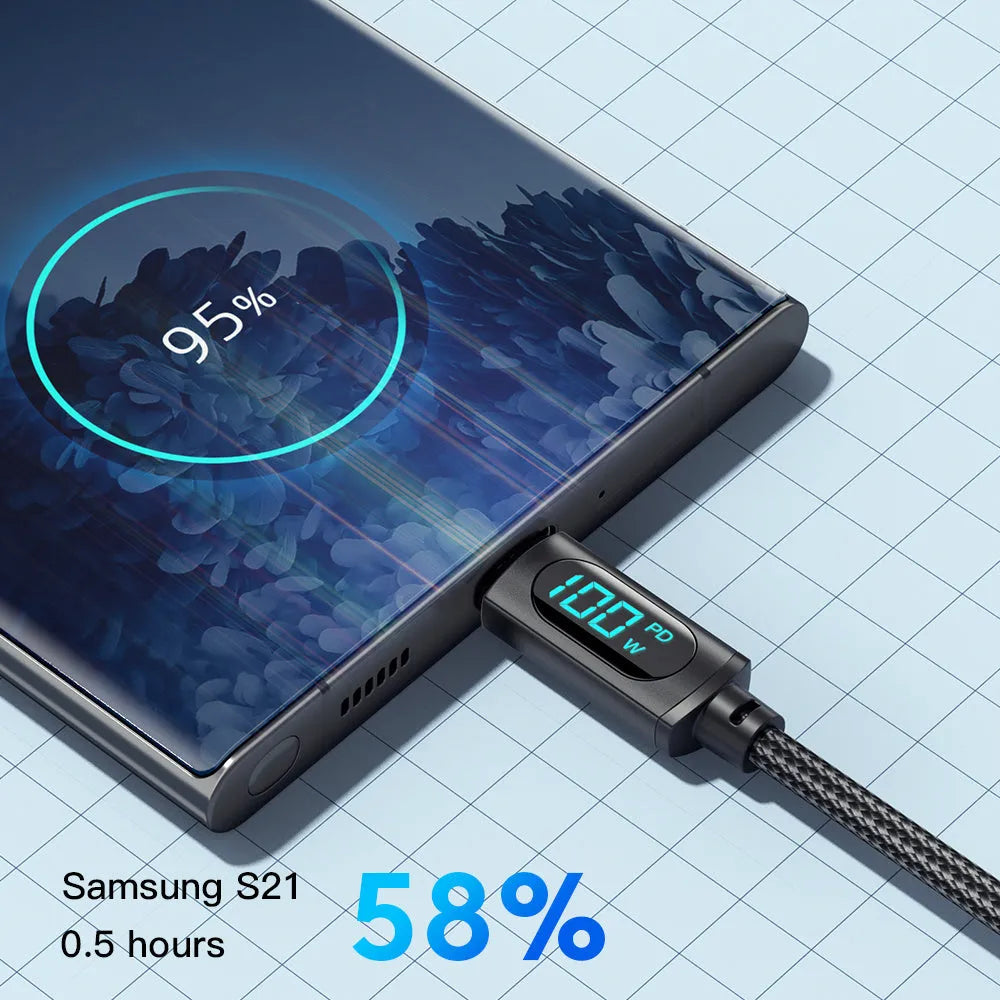 100W USB C fast charging data cable with digital display, aluminum alloy and braided wire, black, 1m and 2m lengths.