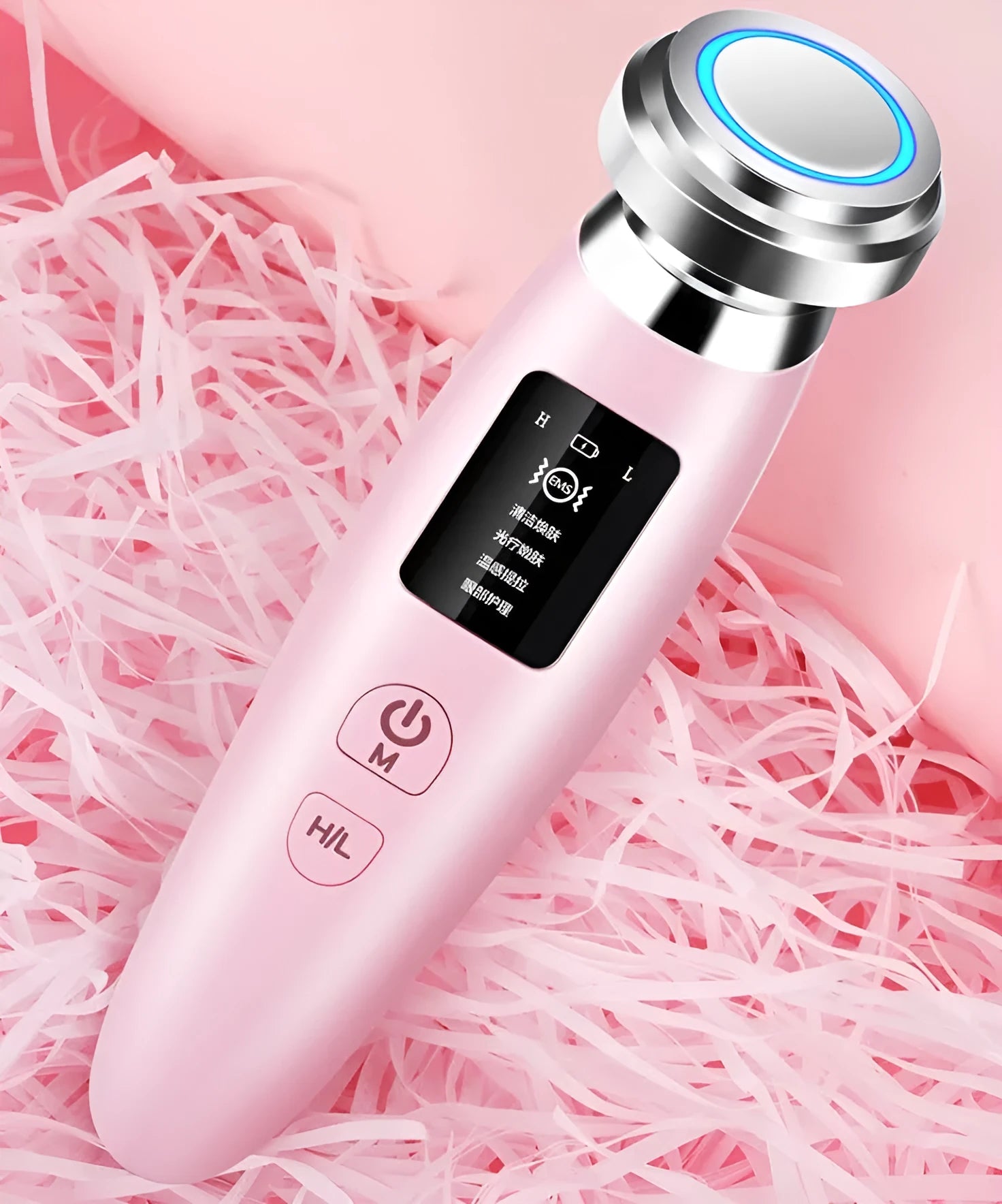 Pink cleansing and rejuvenating beauty instrument showing 185mm length and compact design