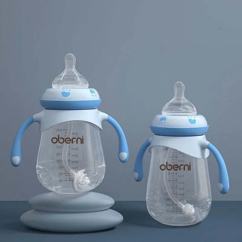 Blue wide neck baby bottle with handle in gourd shape on white background