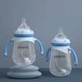 Blue wide neck baby bottle with handle in gourd shape on white background