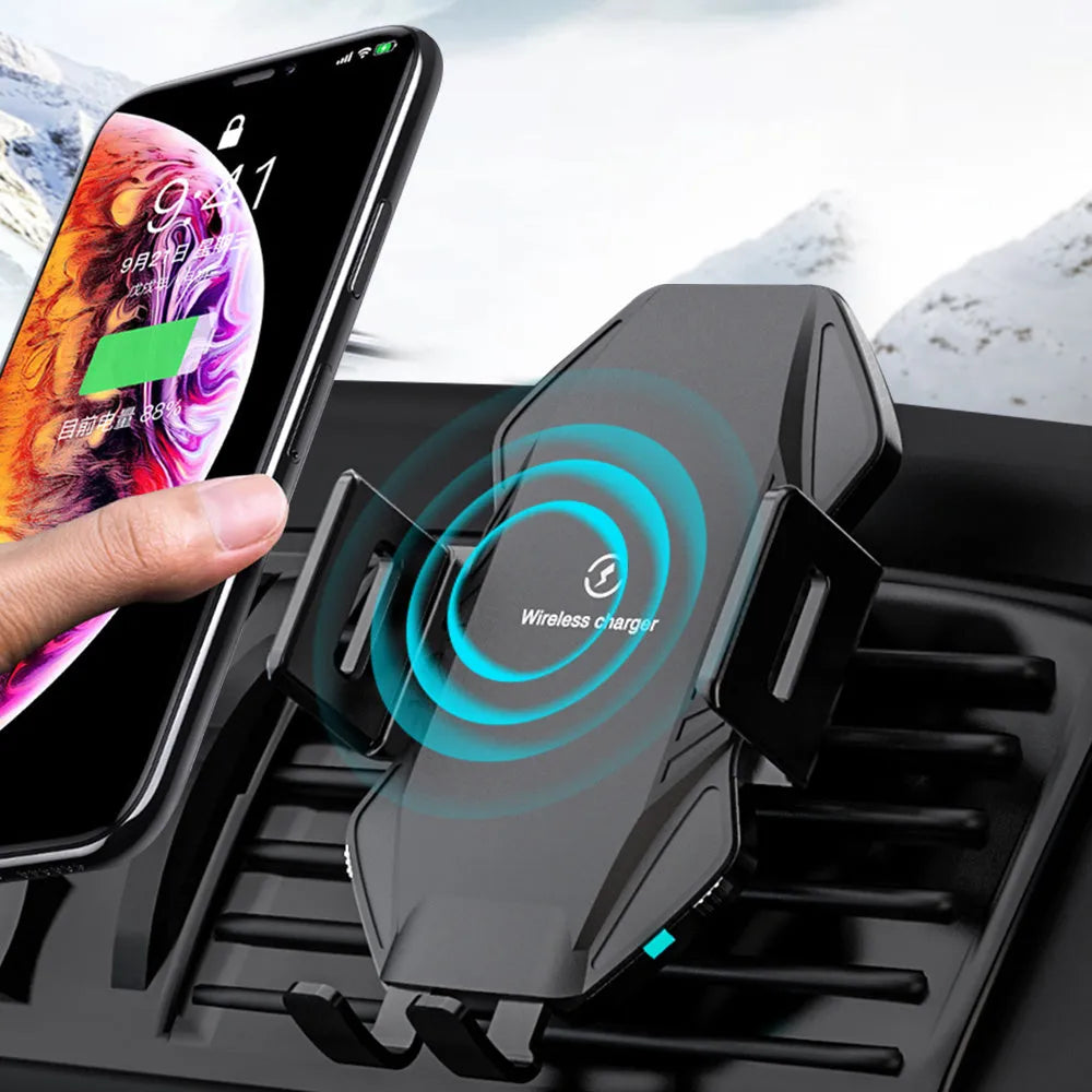 Auto-sensing wireless car charger with suction cup mount and charging indicator light