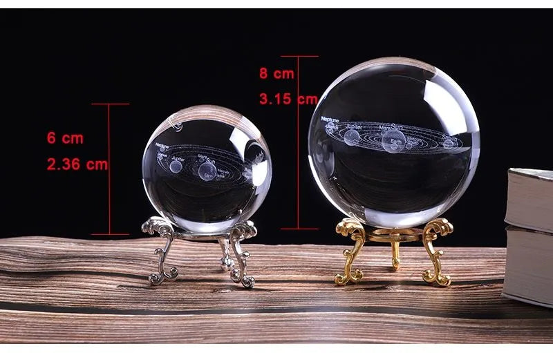 3D engraved solar system inside a clear K9 crystal ball on a gold base, 80mm diameter