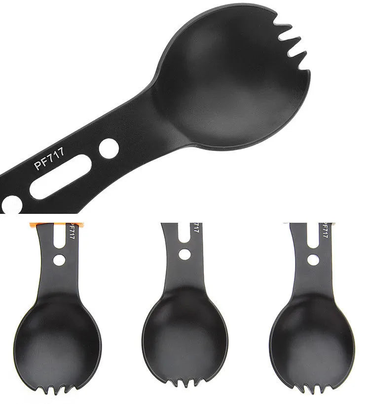 Outdoor spoon fork knife set with whistle, 15.7cm stainless steel camping multi-tool in black and green