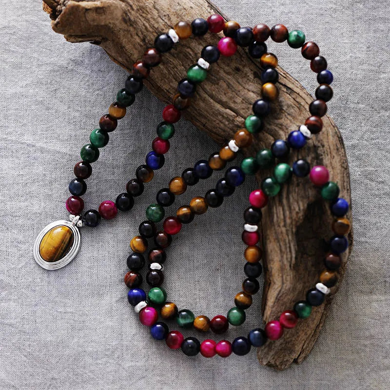 Natural stone meditation bracelet necklace with colour tiger-eye beads and 108 symbolic pendants on adjustable chain
