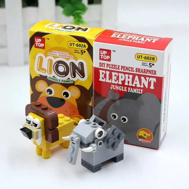 DIY building block pencil sharpener in lion style assembled on a desk with a pencil inserted