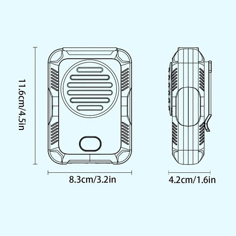 Green leafless hanging neck fan with USB charging port, shown for outdoor use.