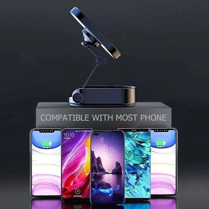 Stainless steel magnetic car phone holder with foldable bracket and 360-degree rotation