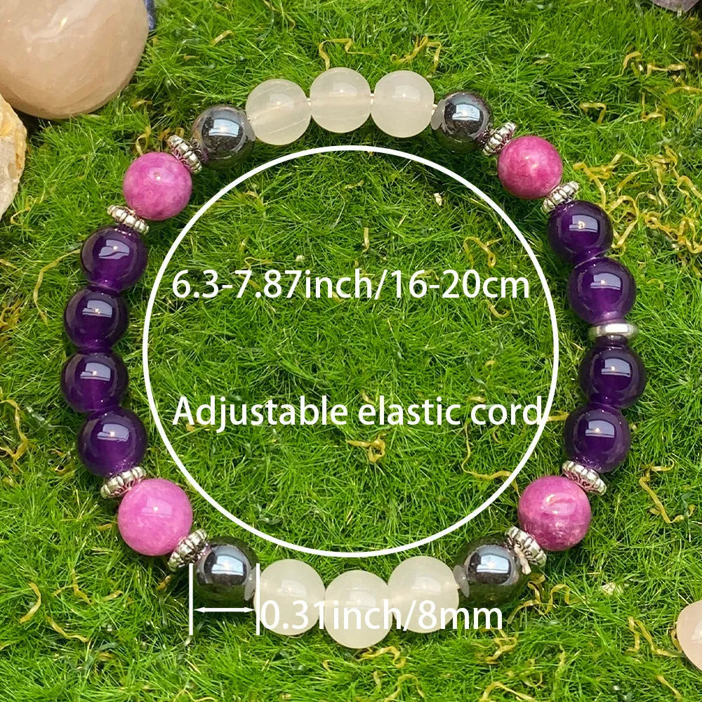 Amethyst purple mica hematite white crystal bracelet with 8mm natural stone beads and coloured glaze, unisex style